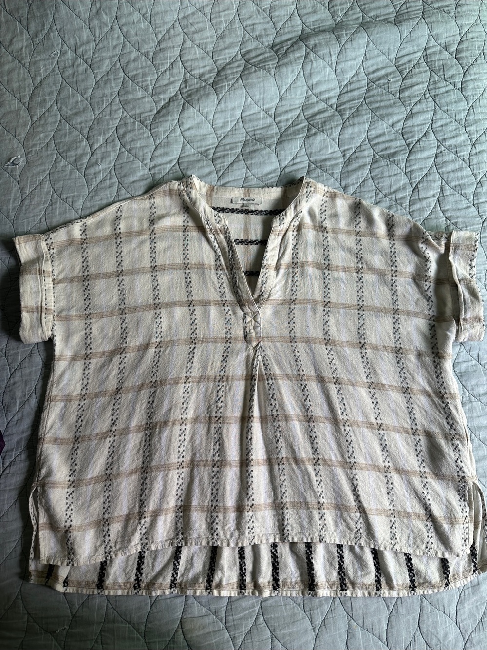 Madewell Cream and Tan Plaid Short-Sleeve Tunic